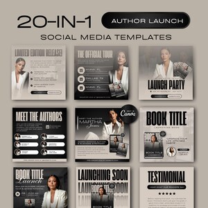 May include: A collection of 20-in-1 social media templates for an author launch. The templates feature a neutral color palette with images of a woman and text such as "Limited Edition Release!" and "Meet the Authors."