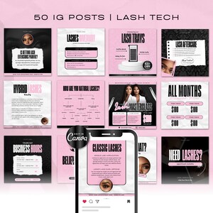 May include: A collection of 10 Instagram post templates for lash technicians. The templates feature pink and black color schemes with text overlays. Some templates include images of models with lashes, while others feature text-based information about lash services, pricing, and aftercare.