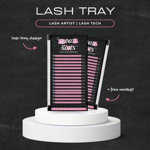 Könnte beinhalten: Zwei schwarze Wimperntrays mit rosa Linien und dem Text "mean girls" in rosa. Die Trays befinden sich auf einer weißen Plattform vor einem schwarzen Hintergrund. Der Text "lash tray design" und "+ free mockup!" ist in weiß auf dem schwarzen Hintergrund geschrieben.