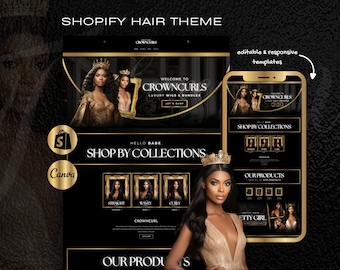 Shopify Luxury Hair Website, Black and Gold Wig Theme, Hair Extension Business Template, Classy Wigs Design 2.0