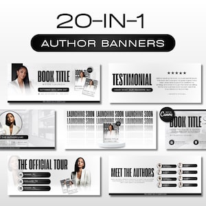 May include: A set of 20-in-1 author banners in black and white. The banners display text including "Book Title", "Testimonial", and "The Official Tour". A woman in a white blazer is also featured in the image.