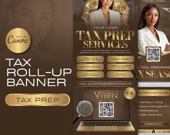 Tax Prep Retractable Banner, Income Tax Preparer, Accounting Services Canva Templates