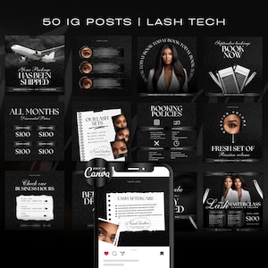 May include: A collection of 50 Instagram post templates for lash technicians. The templates feature black and white designs with text such as "Book Now", "Fresh Set of Russian Volume", "Lash Masterclass", and "Our Lash Sets".