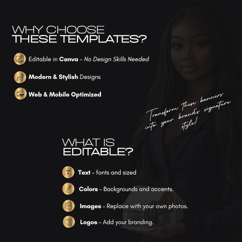 A black and gold graphic with the text "Why Choose These Templates?" and a list of features: Editable in Canva - No Design Skills Needed, Modern & Stylish Designs, Web & Mobile Optimized. The graphic also includes the text "What is Editable?" and a list of editable elements: Text - fonts and sized, Colors - Backgrounds and accents, Images - Replace with your own photos, Logos - Add your branding.