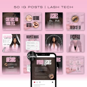 Könnte beinhalten: Eine Sammlung von Instagram-Post-Vorlagen für Wimperntechniker. Die Vorlagen haben ein rosa und schwarzes Farbschema mit Bildern von Wimpern, Wimpernfächer und einer Frau mit langen schwarzen Haaren. Der Text auf den Vorlagen enthält Sätze wie "Vorhänge für Ihre Augen", "Wimperntraining Masterclass", "Geschäftszeiten", "Hybrid-Wimpern" und "Wimpernfächer-Aufschlüsselung".