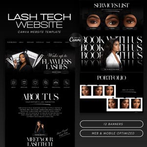 May include: A black and white website template for a lash technician business. The template features a black background with white text and images. The text includes the words "Lash Tech Website", "Book With Us", "Portfolio", and "Meet Your Lash Tech". The images include a woman with long eyelashes, a close-up of eyelashes, and a portfolio of lash work.
