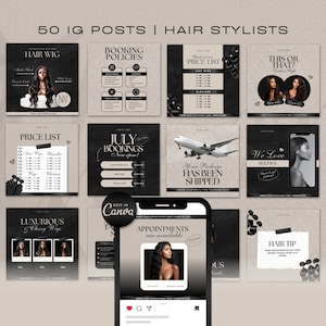 May include: A collection of 50 Instagram post templates for hair stylists. The templates feature a black and white color scheme with a chalkboard-like background. The templates include images of hair wigs, price lists, booking policies, and other hair salon related content. The text "50 IG POSTS | HAIR STYLISTS" is at the top of the image.