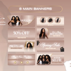 8 Editable Canva Main Banners for Shopify Hair Store featuring Sale and Collection graphics in Pink Rose Gold