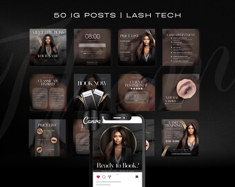 Lash Tech Instagram Templates: Branding Kit, Social Media Content (50 IG Posts)