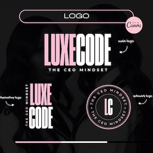 Könnte beinhalten: Ein pink-weißes Logo-Design mit dem Text "LUXECODE" und "THE CEO MINDSET". Das Logo wird in zwei Varianten gezeigt, eine mit dem vollständigen Text und die andere mit den Initialen "LC".