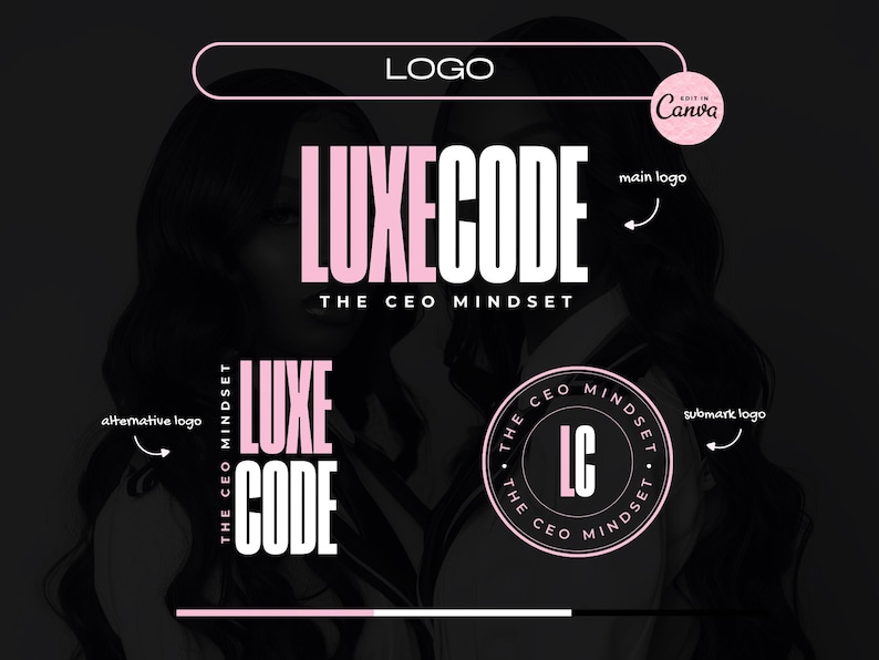 A graphic showing the Luxury beauty logo template kit, editable in Canva