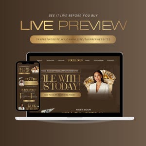 A laptop and smartphone display the tax prep website with a brown and gold color scheme. The website promotes tax preparation services, with the text "FILE WITH US TODAY!" and "LIVE PREVIEW". The image includes a woman holding money.