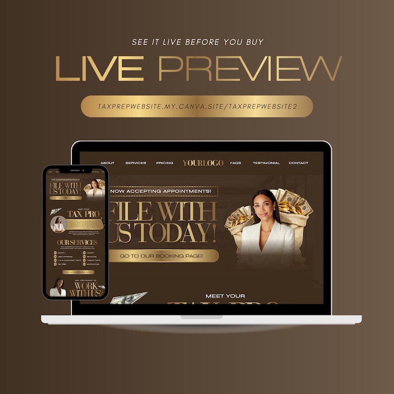 A laptop and smartphone display the tax prep website with a brown and gold color scheme. The website promotes tax preparation services, with the text "FILE WITH US TODAY!" and "LIVE PREVIEW". The image includes a woman holding money.