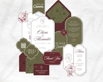 May include: A wedding stationery suite featuring deep burgundy and olive green cards with white text. Includes an invitation for Olivia and Alexander, a menu, RSVP card, thank you note, and envelopes with floral patterns and the text Edit on Canva.