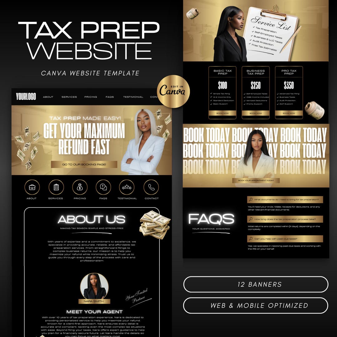 Tax Preparation Canva Website Template, Editable Tax Prep Landing Page
