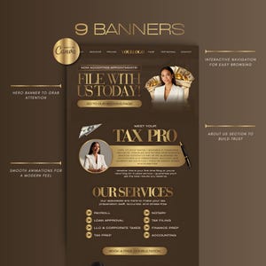 A digital marketing banner for tax prep website with a brown and gold color scheme. The banner includes the text "FILE WITH US TODAY!" and "MEET YOUR TAX PRO." It also lists services such as payroll and tax filing.