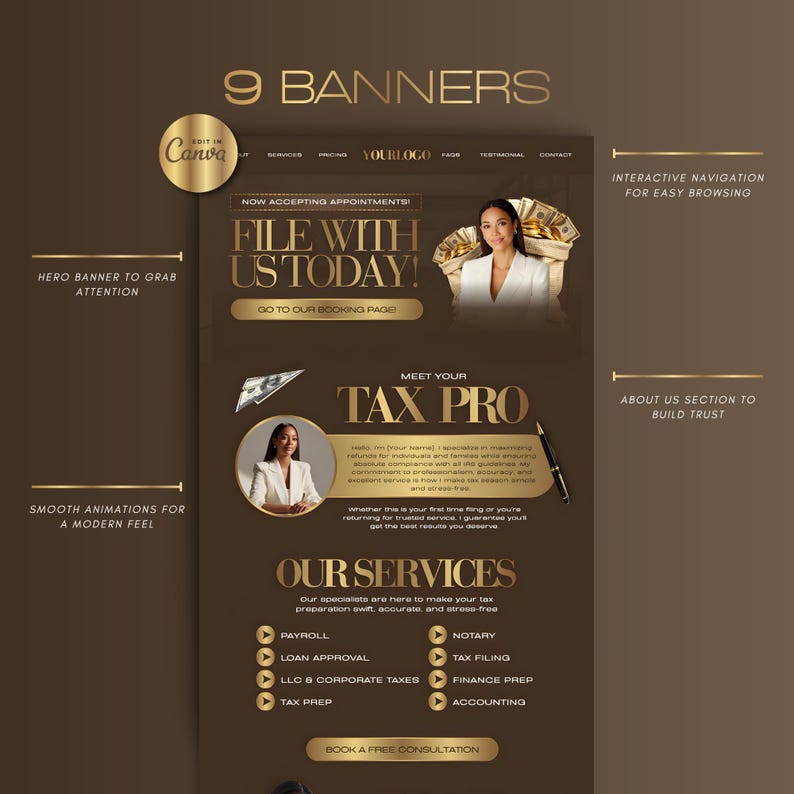 A digital marketing banner for tax prep website with a brown and gold color scheme. The banner includes the text "FILE WITH US TODAY!" and "MEET YOUR TAX PRO." It also lists services such as payroll and tax filing.