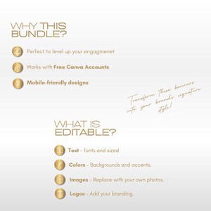 Graphic illustrates why use the tax retractable banner bundle. The text reads "WHY THIS BUNDLE?" and "WHAT IS EDITABLE?" with bullet points describing features and editable elements. The image promotes Canva designs.