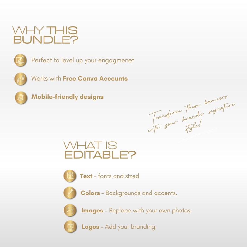 Graphic illustrates why use the tax retractable banner bundle. The text reads "WHY THIS BUNDLE?" and "WHAT IS EDITABLE?" with bullet points describing features and editable elements. The image promotes Canva designs.