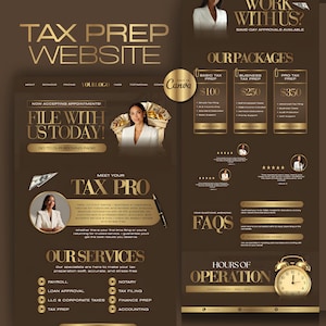 A website design for tax preparation services, featuring a woman in a white blazer. The design uses a brown and gold color scheme, with sections for services, pricing, and contact information. The text includes "Tax Prep Website" and "File with us today!"