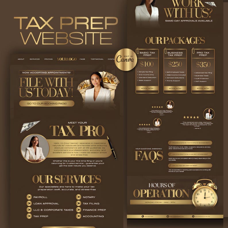 A website design for tax preparation services, featuring a woman in a white blazer. The design uses a brown and gold color scheme, with sections for services, pricing, and contact information. The text includes "Tax Prep Website" and "File with us today!"