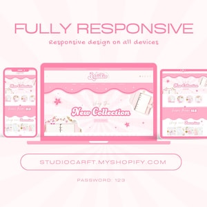 May include: A pink and white website design mockup on a laptop, tablet, and smartphone. The website features a pink and white color scheme with a floral design and the text "New Collection". The website is for a shop called "Studio".