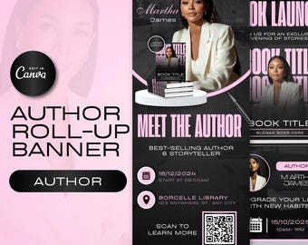 Puede incluir: Un banner enrollable rosa y negro con el texto "MEET THE AUTHOR". Presenta la imagen de una mujer y detalles del evento, junto con un código QR para obtener más información.