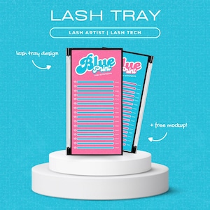 May include: A black lash tray with a pink and blue design. The tray has rows of numbered spaces for lash extensions. The text "Blue Print" is printed on the tray in a retro font.