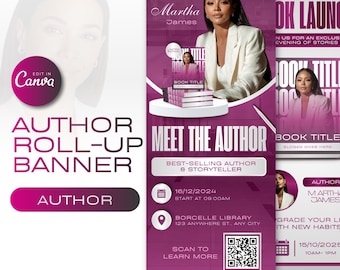 Puede incluir: Un banner enrollable púrpura para un autor, con una foto de una mujer con una blazer blanca. El banner incluye el texto "Meet the Author", detalles del evento y un código QR. El logotipo de Canva es visible.