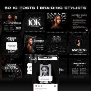 50 Braiding Templates | IG Posts | Branding Kit | Hair Braiding Social Media Content | Braids Instagram Template