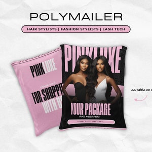 Könnte beinhalten: Ein rosa Poly-Versandbeutel der Marke Pink Luxe mit einem Schwarzweißfoto von zwei Frauen mit langen Haaren. Der Text auf dem Beutel lautet "Vielen Dank! Für den Einkauf bei uns" und "Ihr Paket ist angekommen".