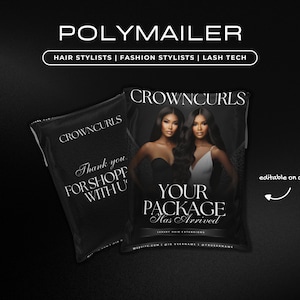 Könnte beinhalten: Ein schwarzer Polymailer-Umschlag mit dem Text "CROWNCURLS" und "YOUR PACKAGE Has Arrived" darauf gedruckt. Der Umschlag zeigt ein Foto von zwei Frauen mit langen, dunklen Haaren. Der Text "editable on canva" ist ebenfalls auf dem Umschlag zu sehen.