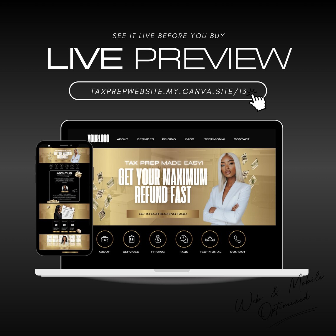 Tax Preparation Canva Website Template, Editable Tax Prep Landing Page