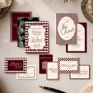 May include: A wedding stationery suite featuring burgundy and cream color schemes with checkered and striped patterns. The cards include text such as Olivia Williams & George Harrington, The Details, Kindly RSVP, and Thank You, alongside a black and white photo.