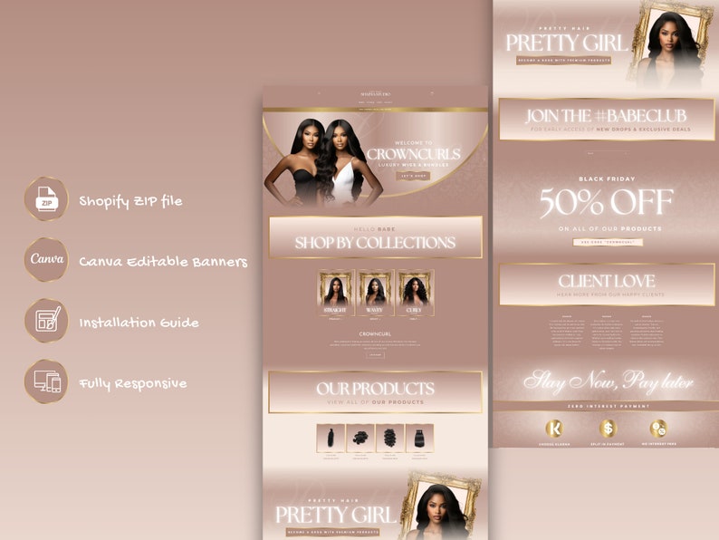 List of inclusions featuring Shopify ZIP File Canva Editable Banners Installation Guide and Responsive Design