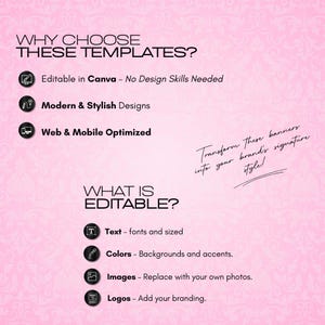 May include: Pink background with text: "Why Choose These Templates?" and "What is Editable?" Features include editable Canva designs, modern designs, and web optimization. Editable elements: text, colors, images, and logos.