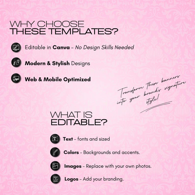 May include: Pink background with text: "Why Choose These Templates?" and "What is Editable?" Features include editable Canva designs, modern designs, and web optimization. Editable elements: text, colors, images, and logos.