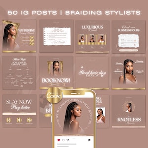 50 Braiding Templates | IG Posts | Branding Kit | Hair Braiding Social Media Content | Braids Instagram Template