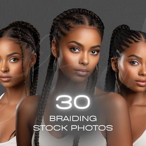 Könnte beinhalten: Drei Frauen mit geflochtenen Haaren, die weiße Tanktops tragen, vor einem grauen Hintergrund. Der Text "30 Braiding Stock Photos" befindet sich in der Mitte des Bildes.
