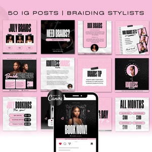 50 Braiding Templates | IG Posts | Branding Kit | Hair Braiding Social Media Content | Braids Instagram Template