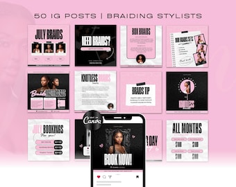 50 Braiding Templates | IG Posts | Branding Kit | Hair Braiding Social Media Content | Braids Instagram Template