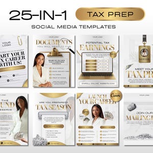 May include: A 25-in-1 tax preparation social media template set featuring gold and white designs. The templates include text such as Start Your Tax Career With Us, Documents You Will Need To File, Potential Tax Earnings, and Launch Your Career.