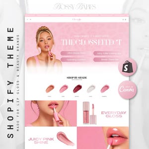 May include: A digital Shopify website template for a lip gloss brand featuring pink color schemes, product photography of individuals applying gloss, swatches of five different shades, and text including Bossy Babes, The Gloss Effect, and Everyday Gloss.