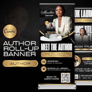 May include: Author roll-up banner with a black and gold design. The banner features the text "Meet the Author" and includes event details such as the date, time, and location. The banner also includes a QR code and a photo of the author.