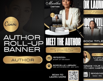 Book Author Roll-Up Banner Template, Book Launch Retractable, Editable Canva (Digital Download)