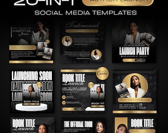 May include: A collection of 20-in-1 social media templates for an author launch. The design features a black and gold color scheme with images of a woman in a white blazer. Text includes "Author Launch" and "Book Title Launch".