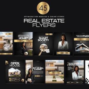 A collection of 45 real estate flyers with black backgrounds and gold accents. The flyers feature images of houses, text about buying and selling homes, and a woman holding a miniature house model.