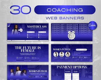 30 plantillas de banners web para coaching, paquete de banners de Canva para promoción de masterclasses y seminarios web, kit de marketing para ponentes