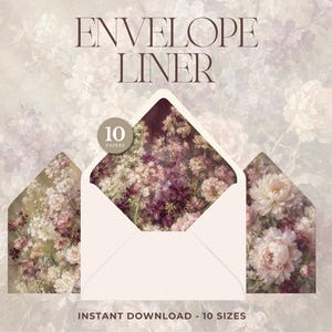 May include: Envelope liner set featuring the text ENVELOPE LINER and INSTANT DOWNLOAD - 10 SIZES. The design displays a floral pattern with pink, white, and deep purple flowers. A circular badge indicates 10 PAPERS. The set includes three envelopes.