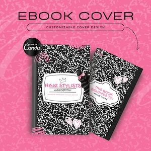 May include: Black and white notebook cover with a pink heart design. The cover has the text "Hair Stylists Handbook" and "This book belongs to: Your name".